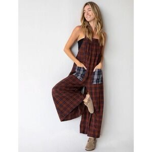 Natural Life Plaid Wide Leg Jumpsuit Rust Orange Navy Blue Boho Overalls Medium